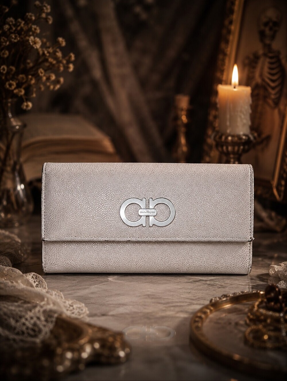 Salvatore Ferragamo Gancini Continental Wallet Taupe Pebbled Leather W/ COA